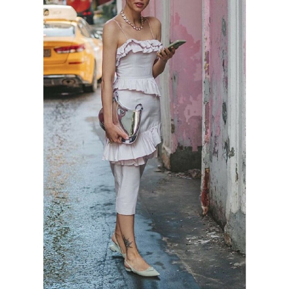 Brock Collection x H&M Flounced Dress NWT Cotton Light Pink Fitted Tiers - Picture 5 of 13